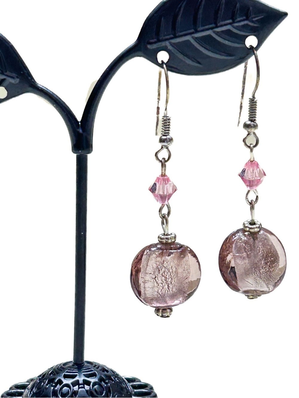 Vintage Pink Glass Murano Style Lampwork Earrings Silver Foil Core Crystal Drops